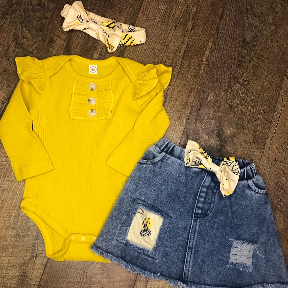 Baby Girl Bumblebee Outfit with Ruffle Romper, Denim Skirt and Headband 12 –18 m